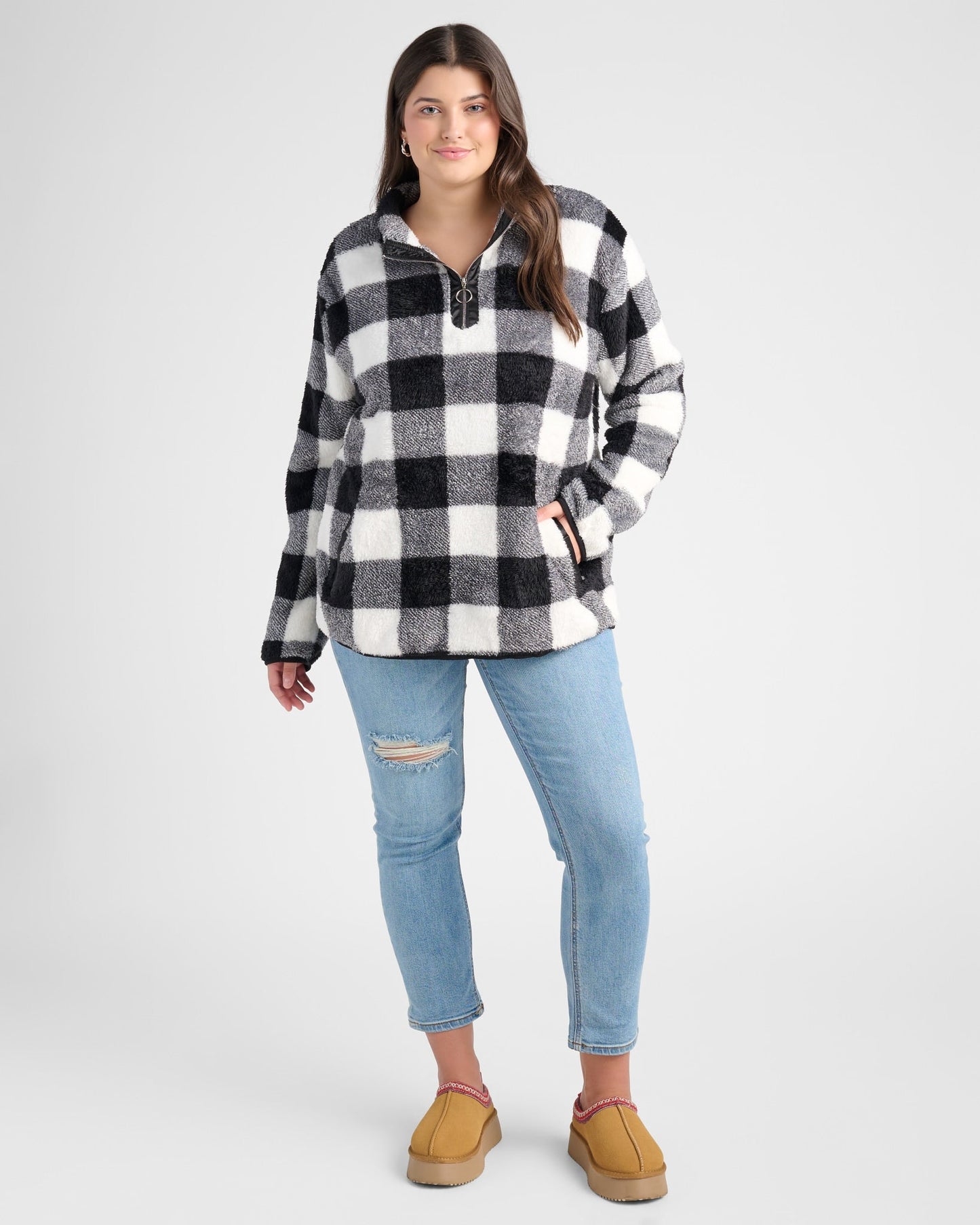 Plus Size Gingham Check Sherpa Half Zip