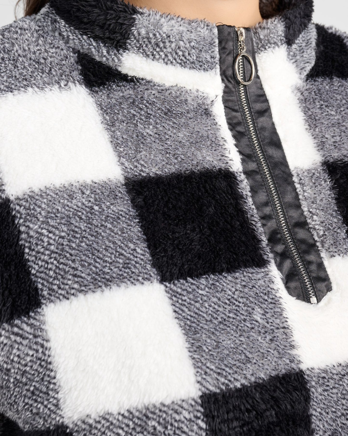 Plus Size Gingham Check Sherpa Half Zip