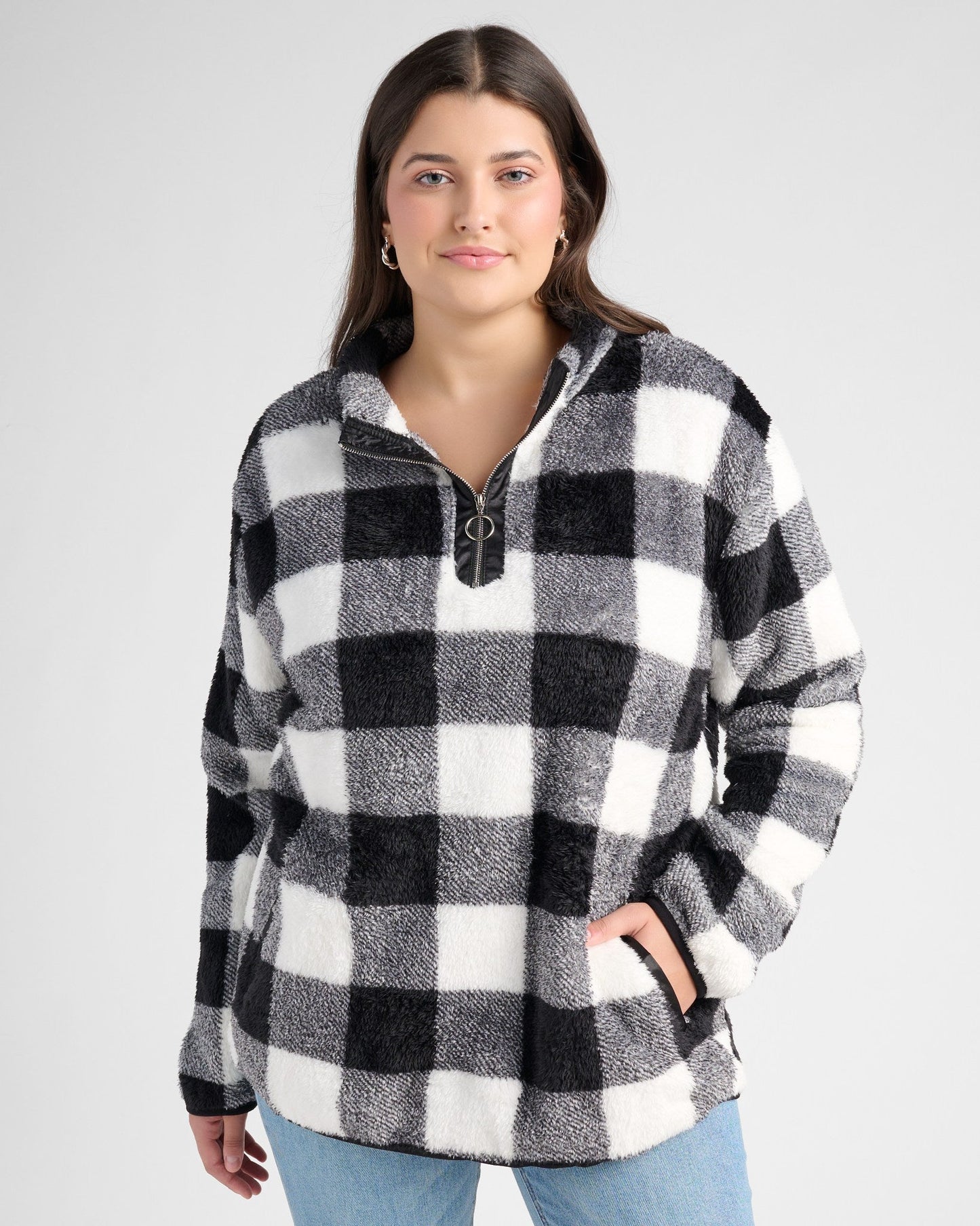 Plus Size Gingham Check Sherpa Half Zip