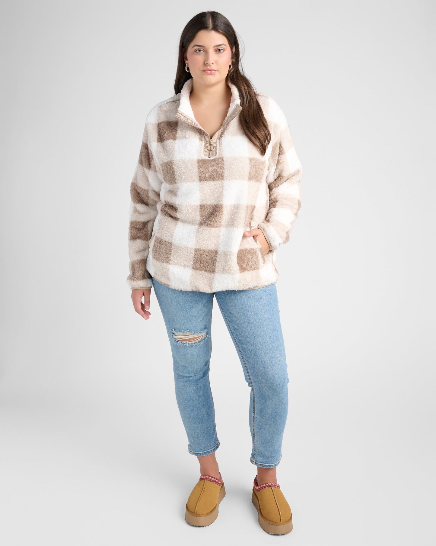 Plus Size Gingham Check Sherpa Half Zip