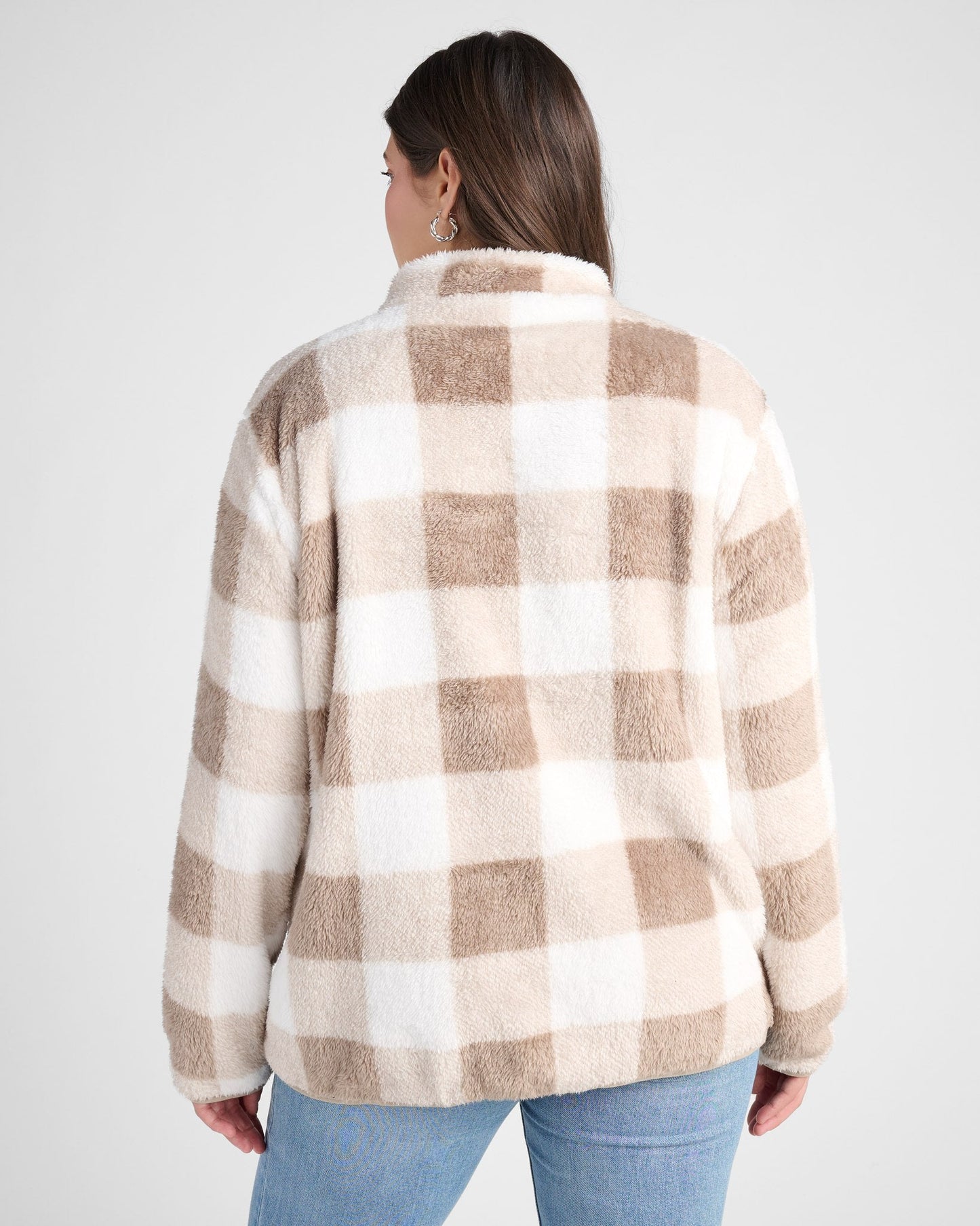 Plus Size Gingham Check Sherpa Half Zip