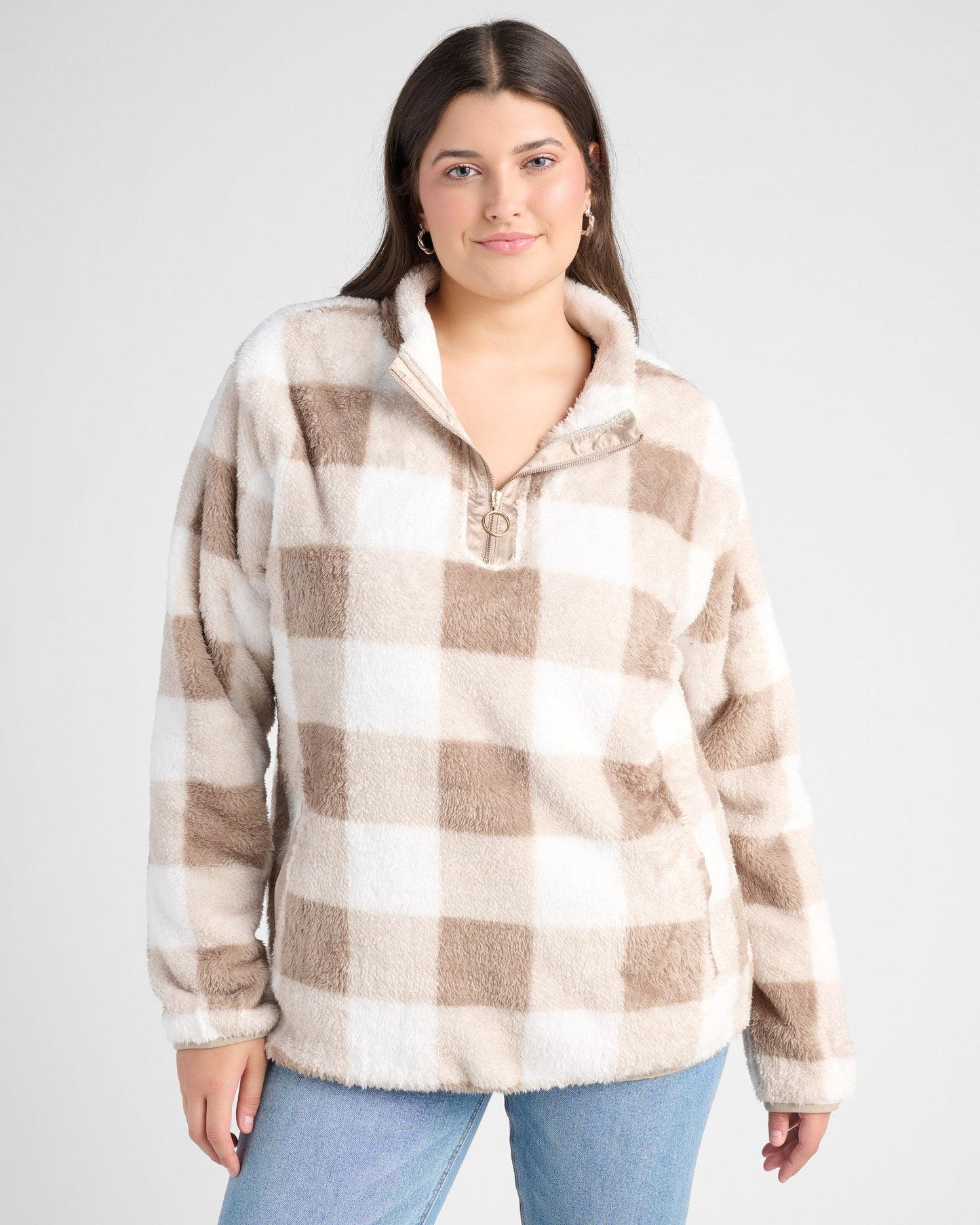 Plus Size Gingham Check Sherpa Half Zip