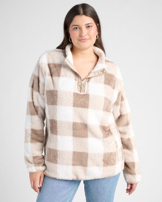 Plus Size Gingham Check Sherpa Half Zip