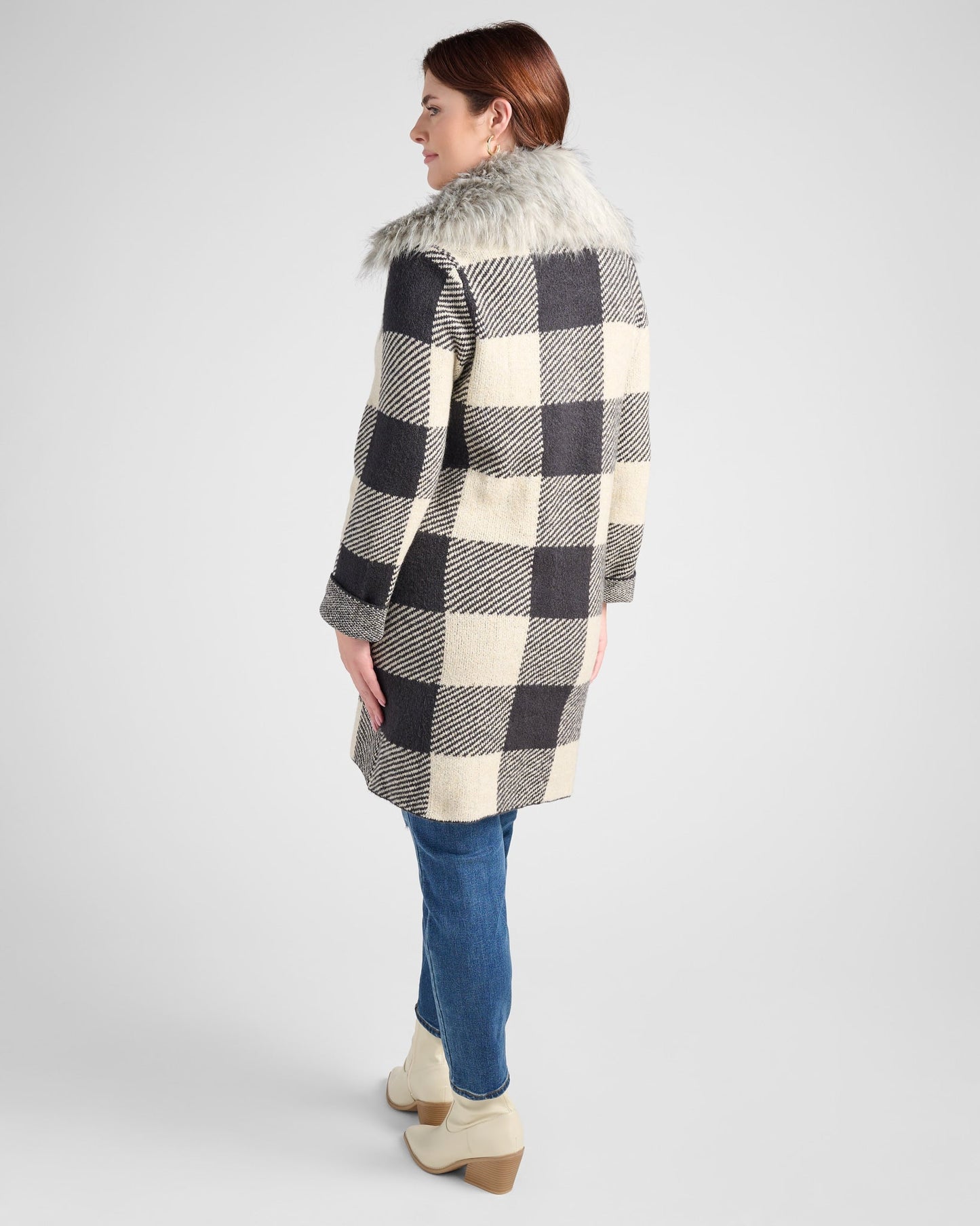 Plus Size Buffalo Plaid Coatigan with Removable Fur