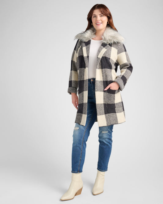 Plus Size Buffalo Plaid Coatigan with Removable Fur