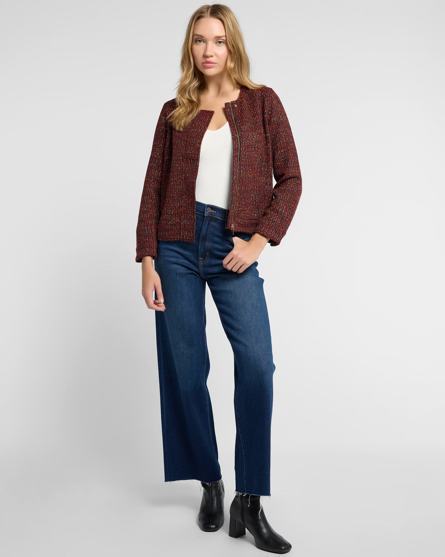 Collarless Zip Up Boucle Jacket