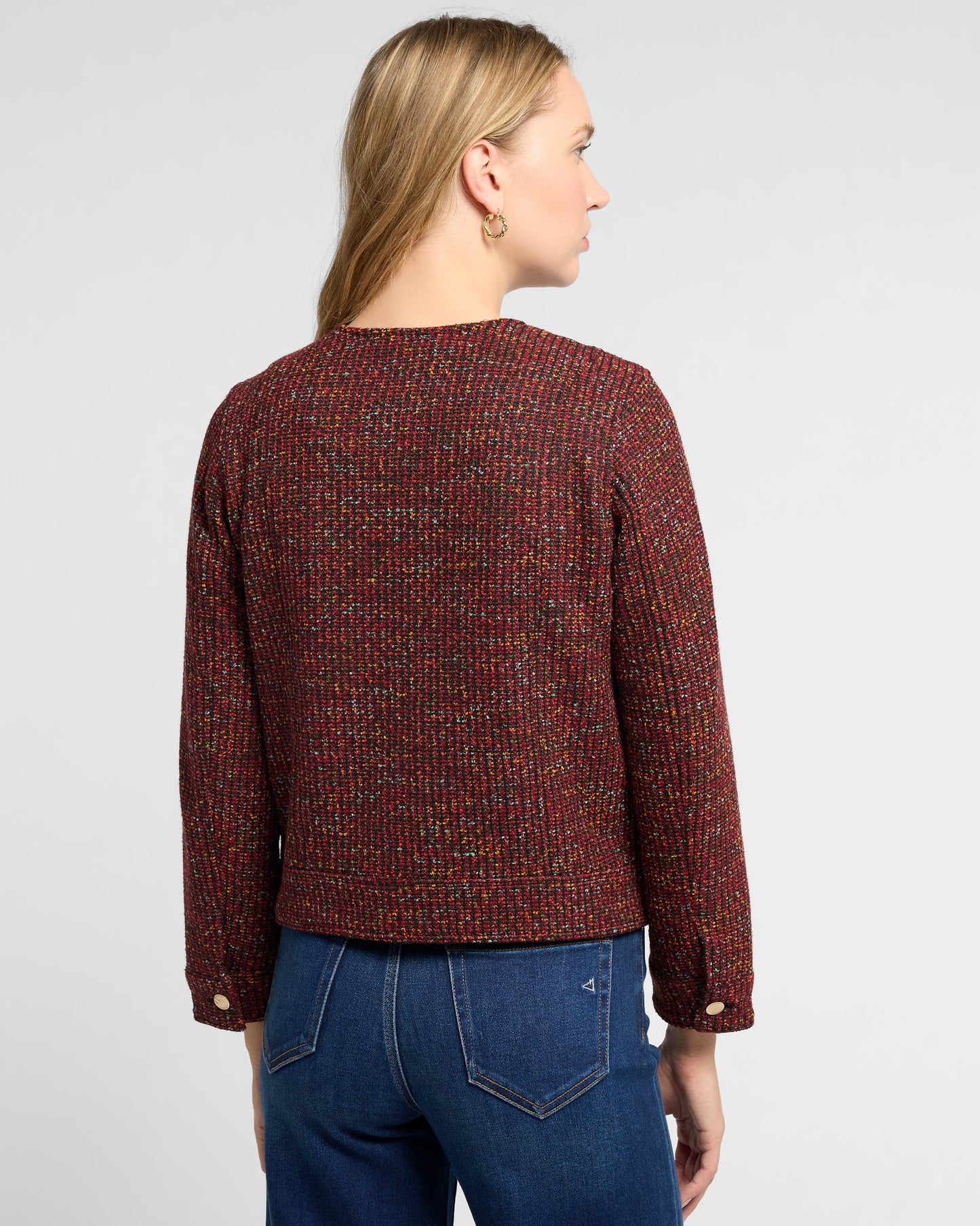 Collarless Zip Up Boucle Jacket