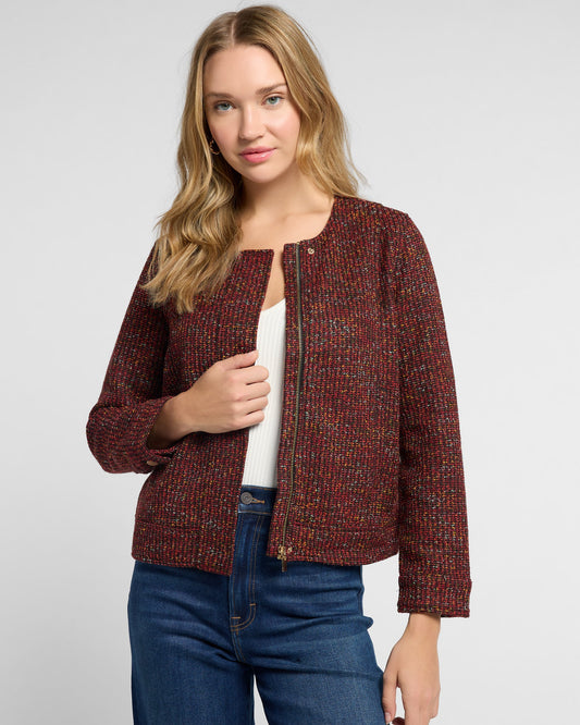 Collarless Zip Up Boucle Jacket