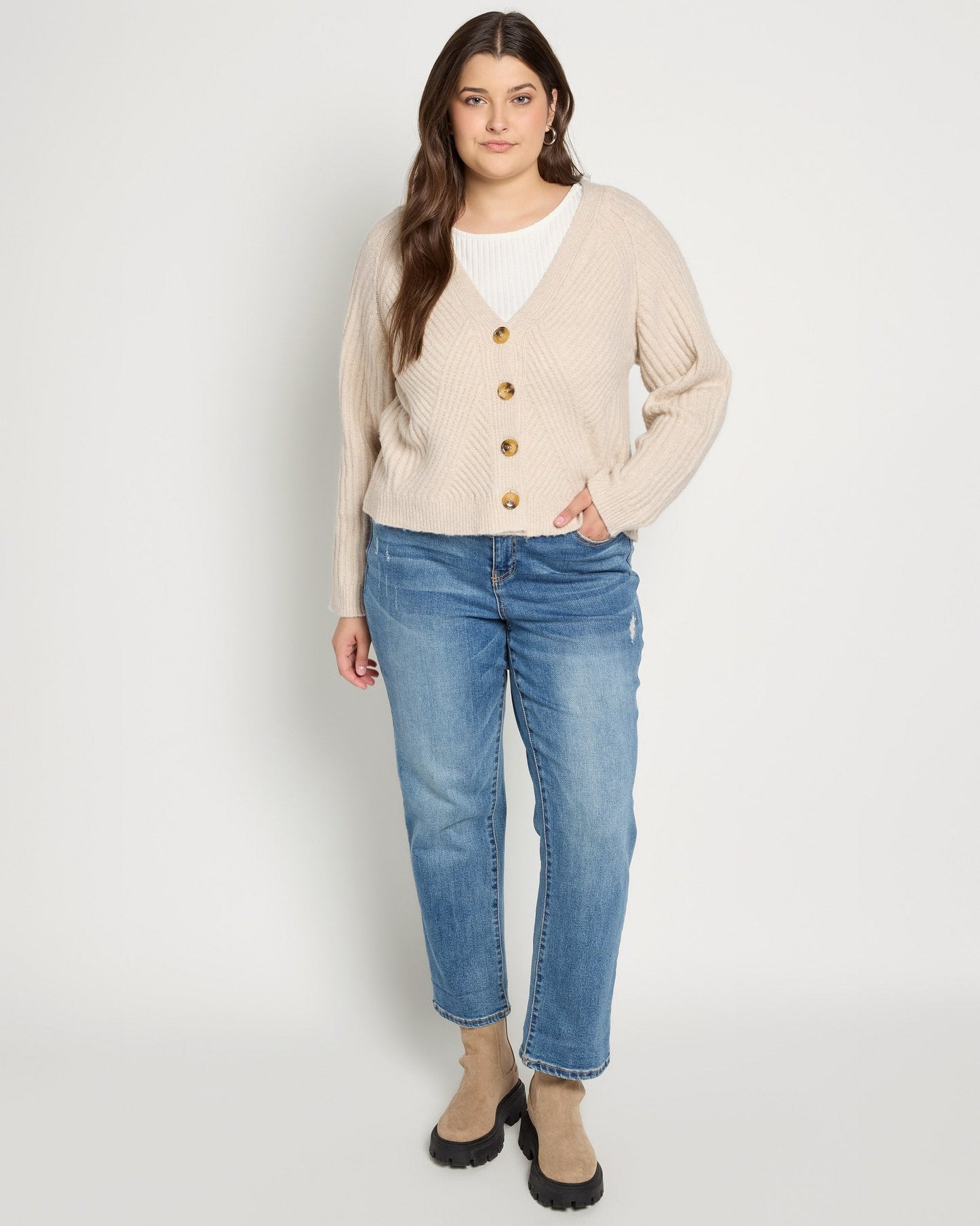 Plus Size Button Front V-Neck Cardigan