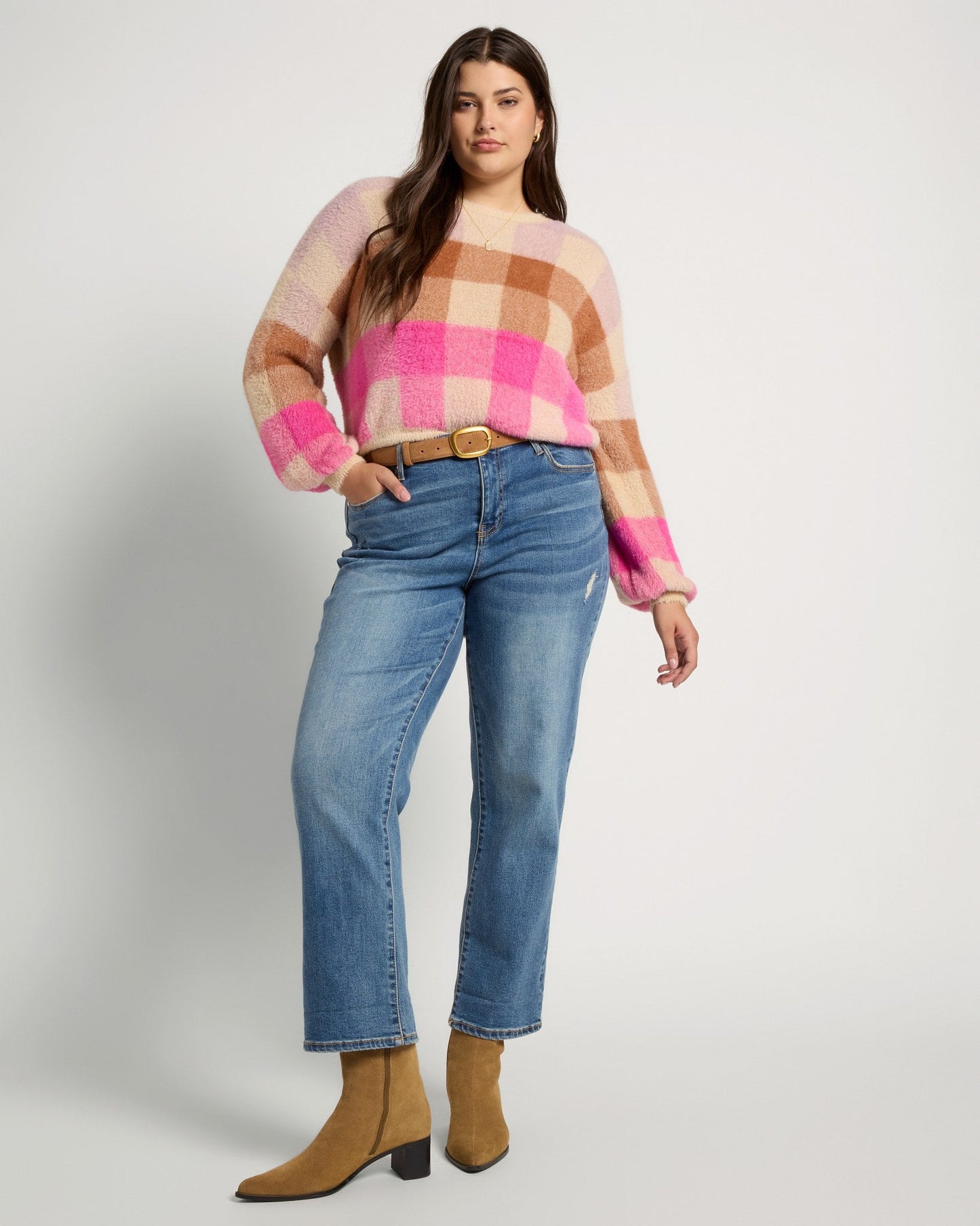 Plus Size Eyelash Plaid Sweater