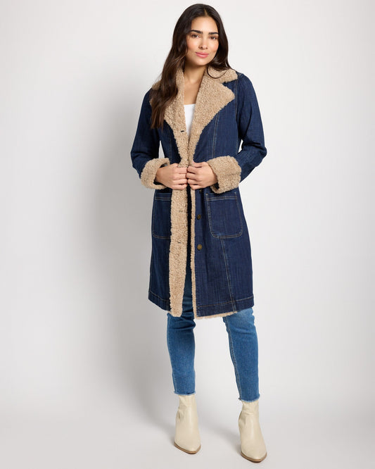Sherpa Trimmed Denim Trench Coat
