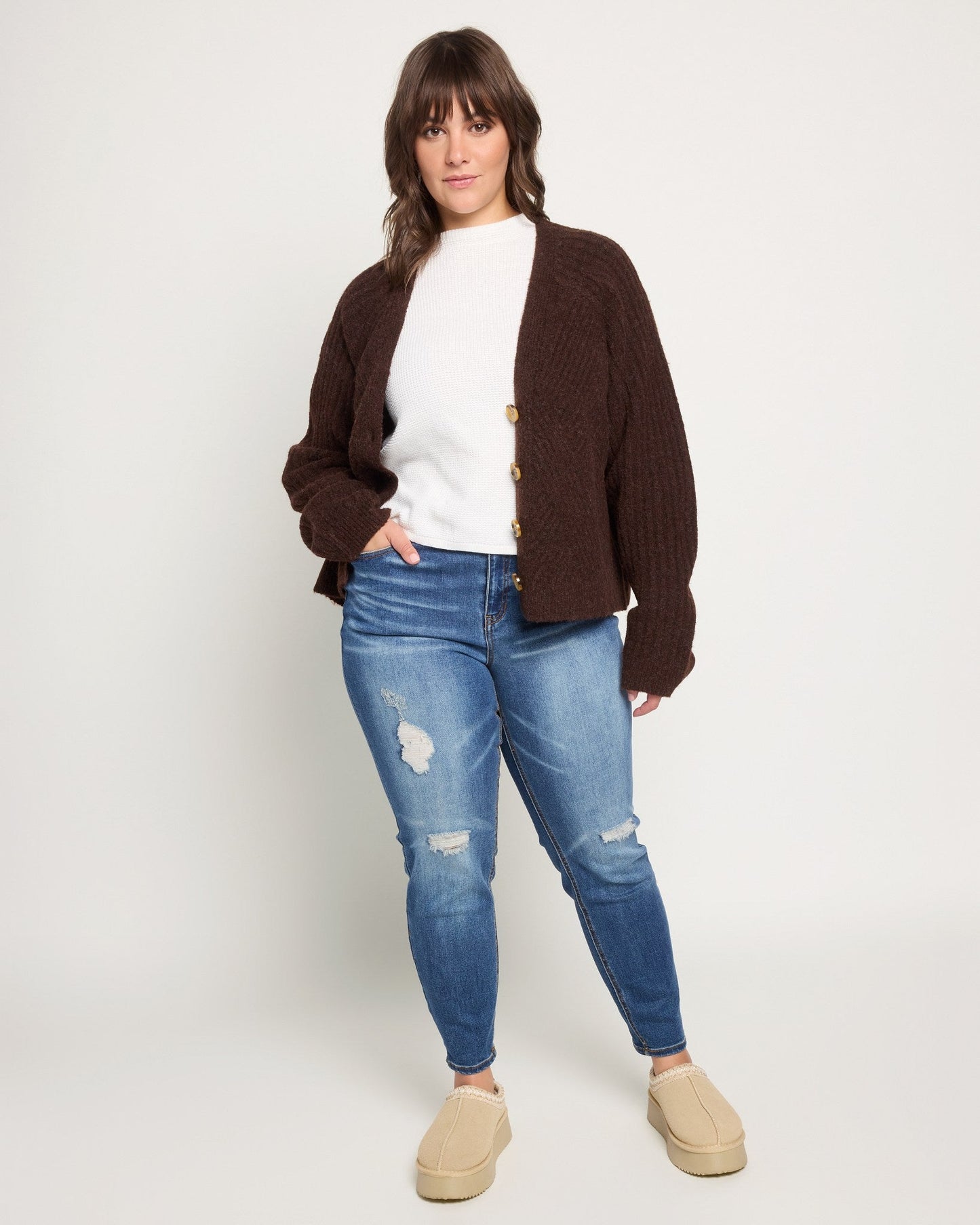 Plus Size Button Front V-Neck Cardigan