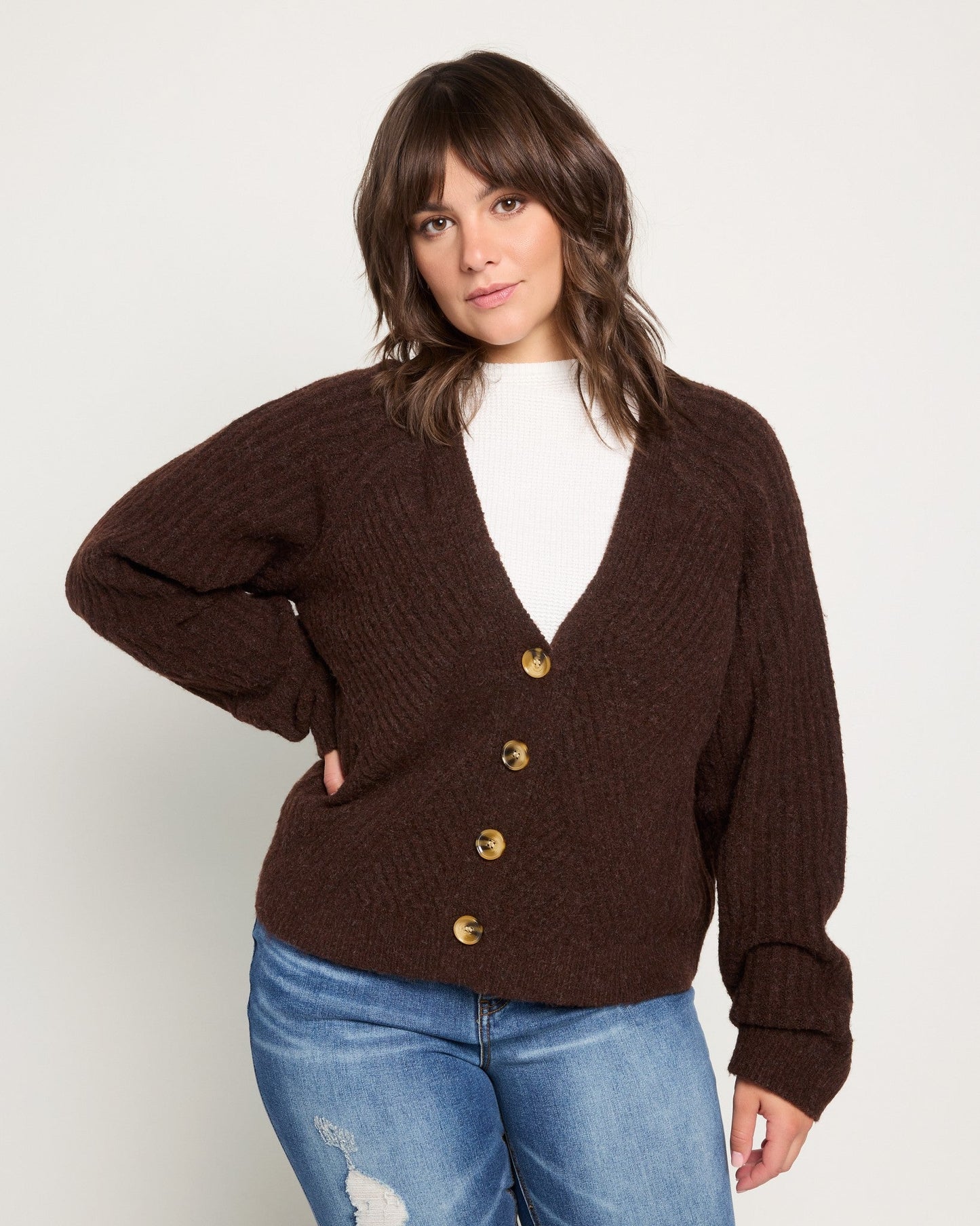 Plus Size Button Front V-Neck Cardigan