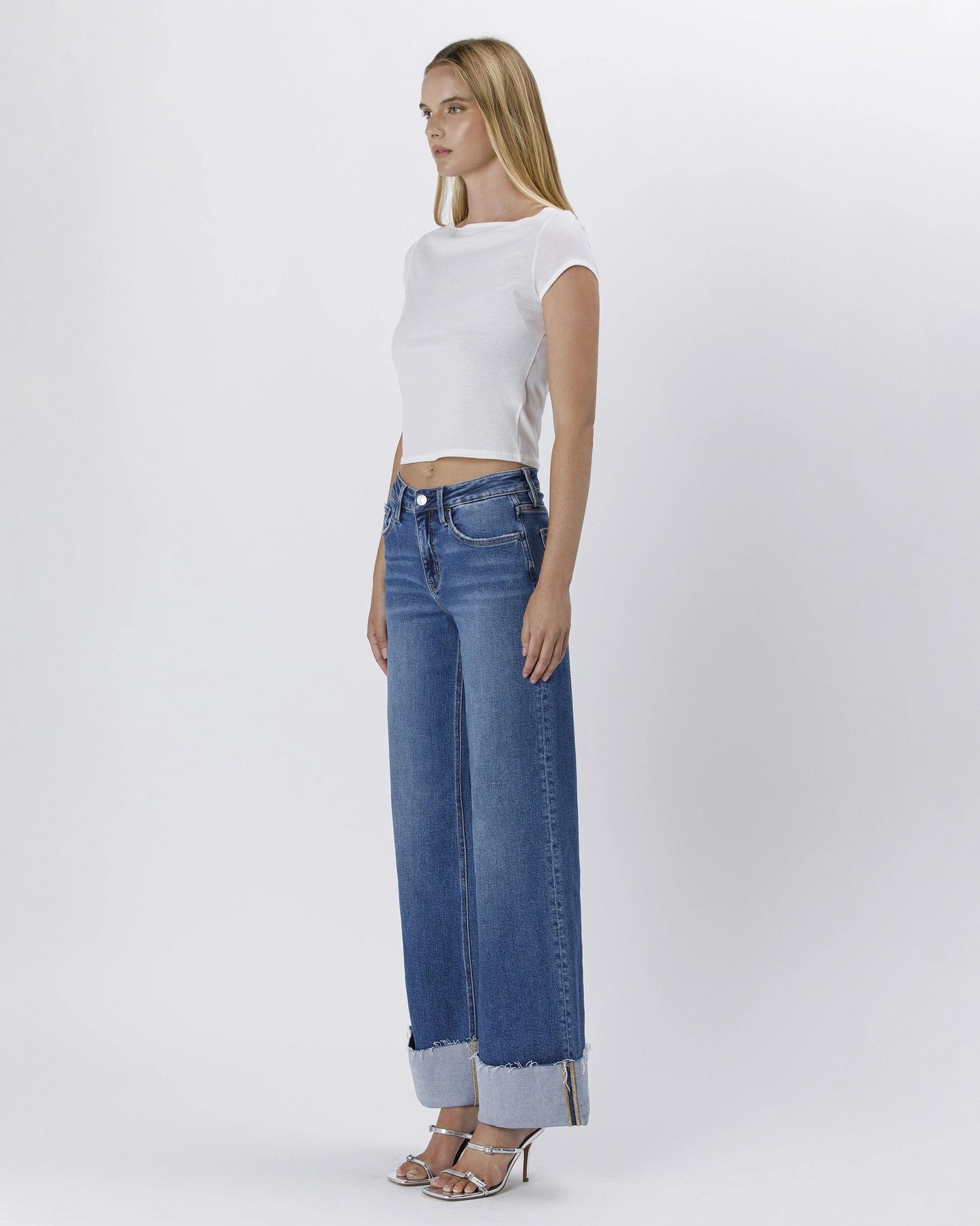 Mid Rise Cuffed Wide Leg Jeans