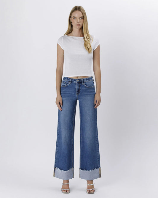 Mid Rise Cuffed Wide Leg Jeans