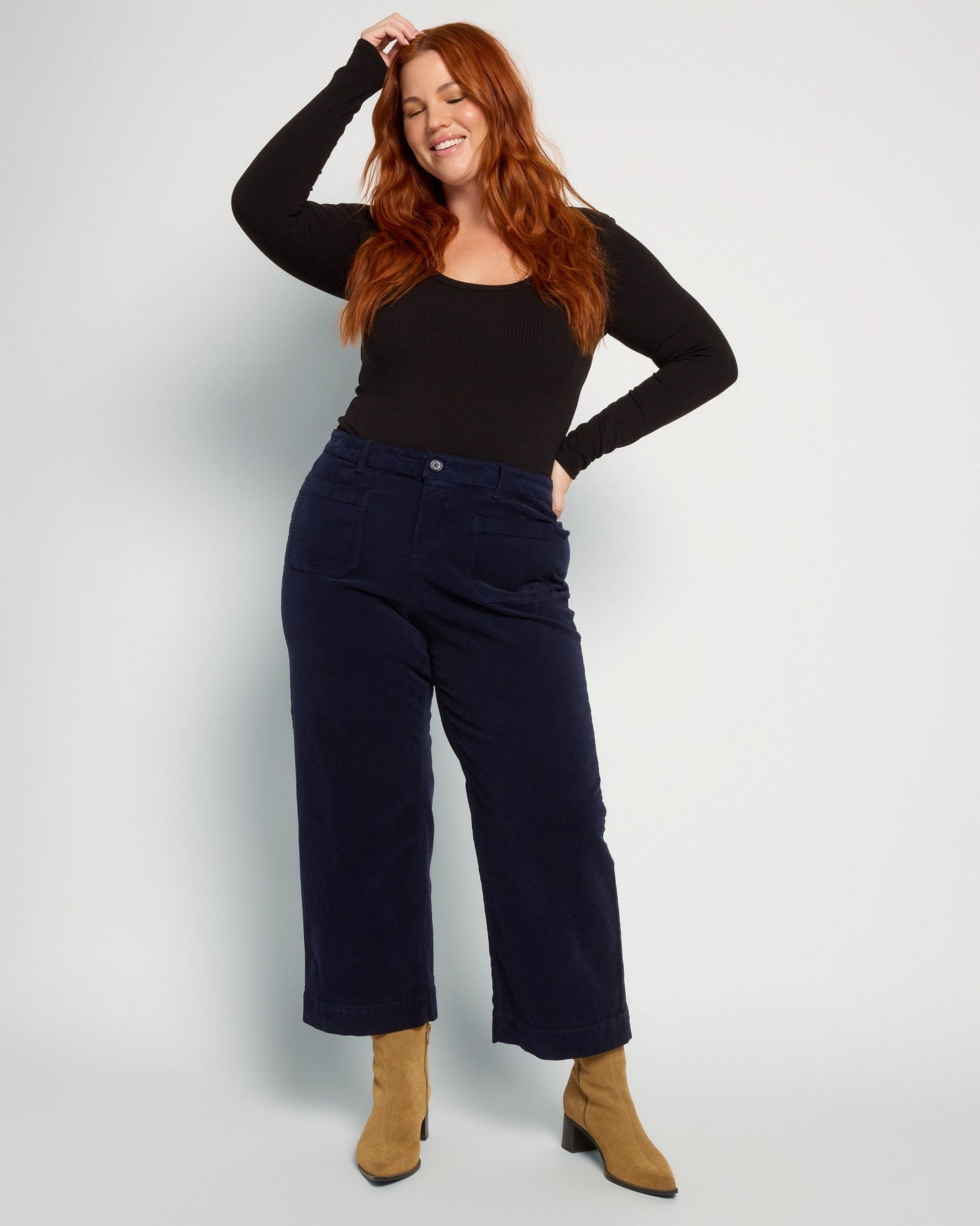 Plus Size Corduroy Crop Wide Leg with Patch Pockets