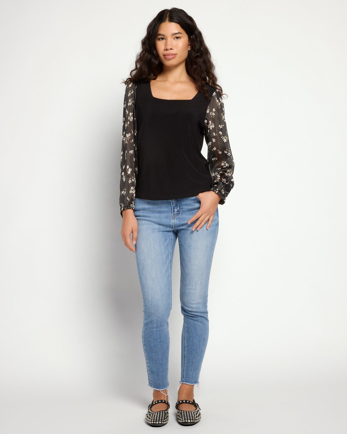 Square Neck Knit Top with Chiffon Sleeve