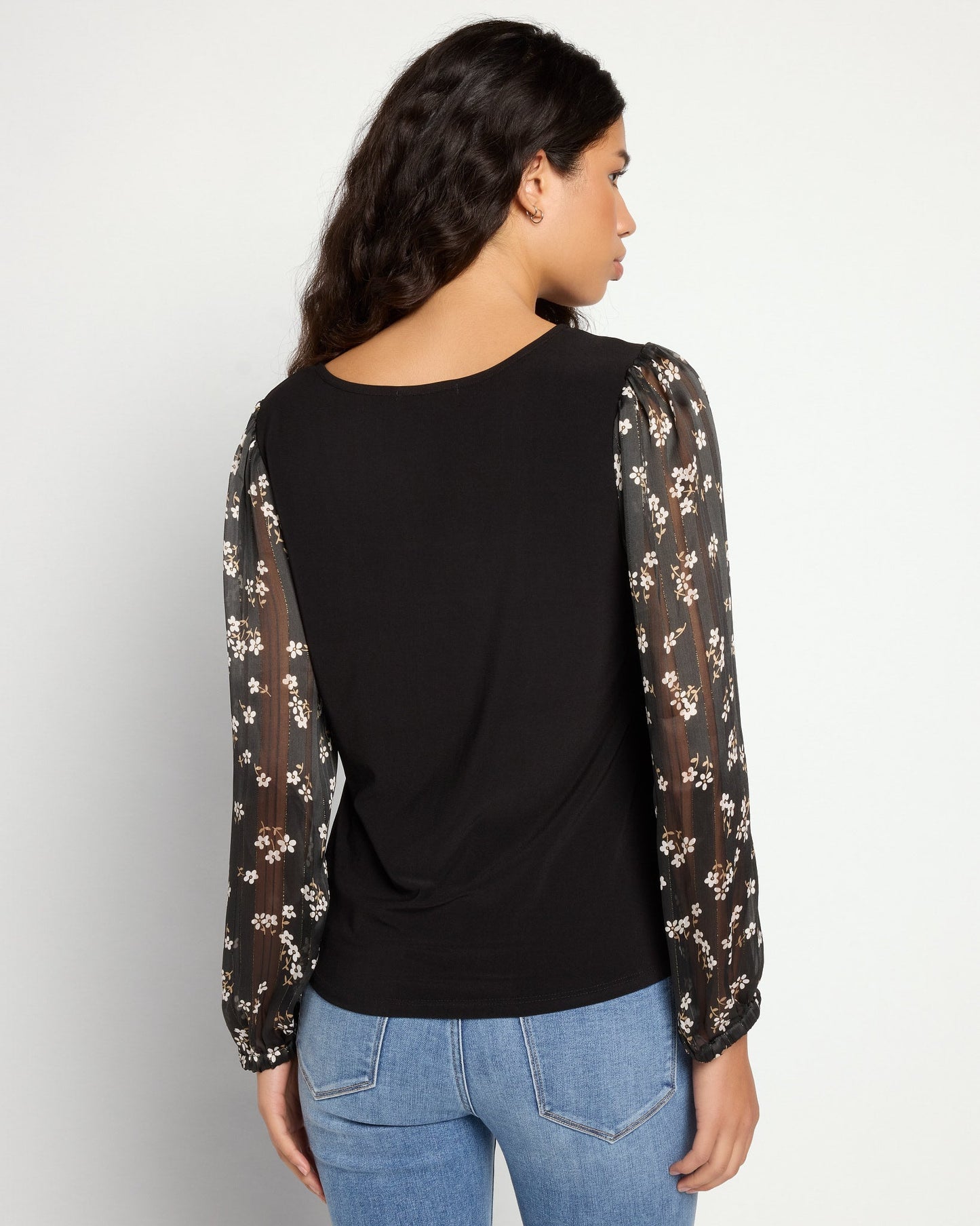 Square Neck Knit Top with Chiffon Sleeve