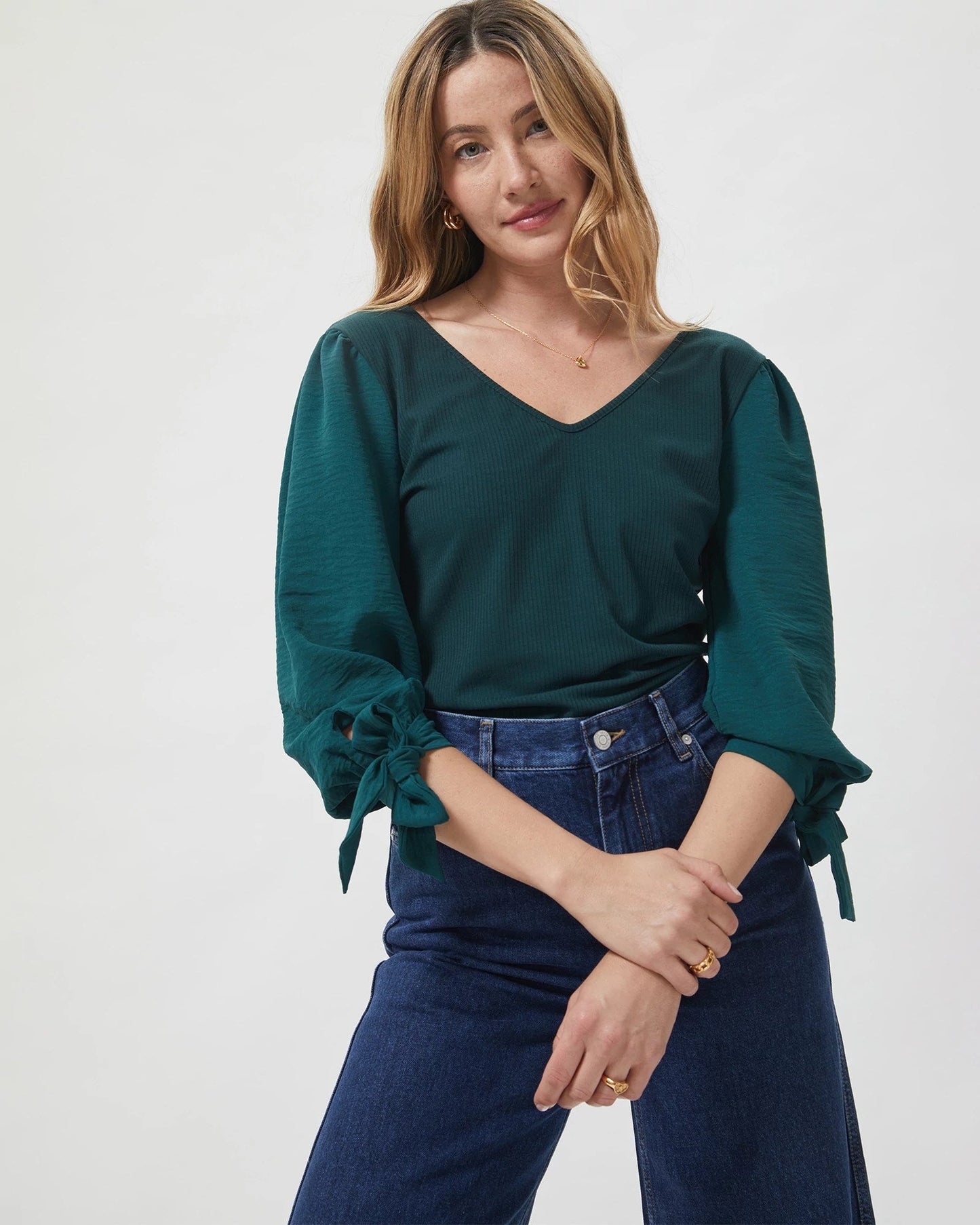 Knit Top with Woven Sleeve