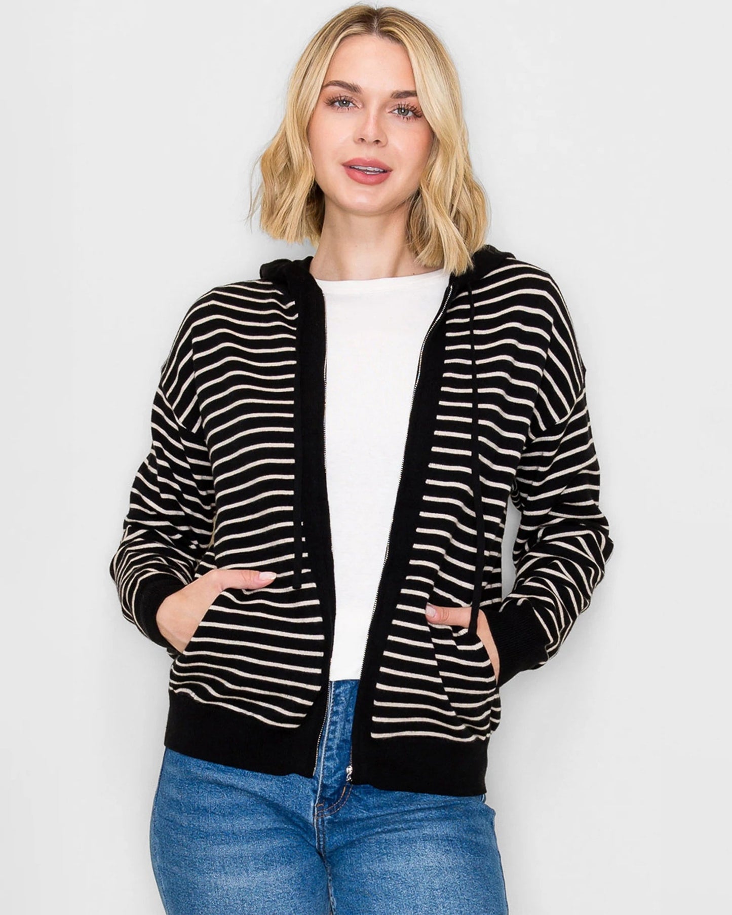 Stripe Sweater Zip Up Hoodie Cardigan