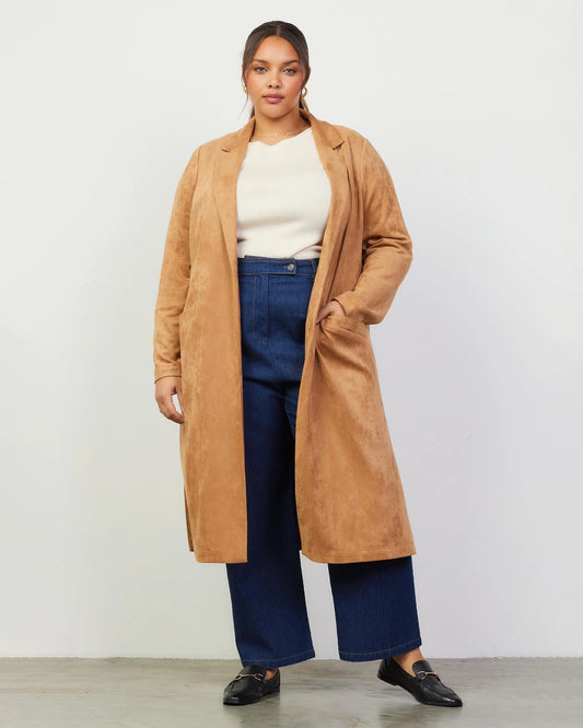 Plus Size Faux Suede Long Trench Coat