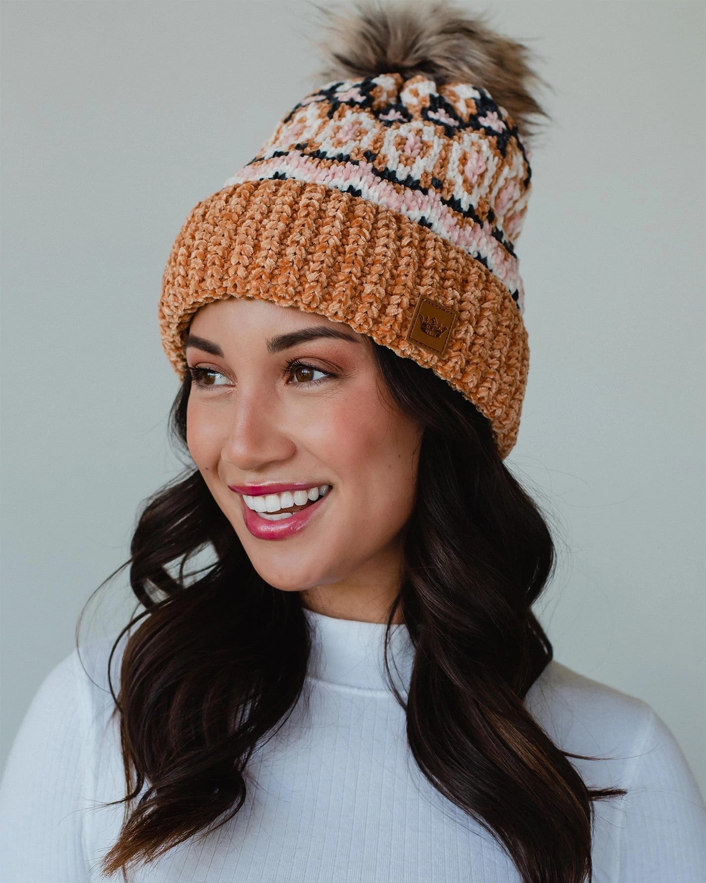 Multicolored Patterned Chenille Pom Hat