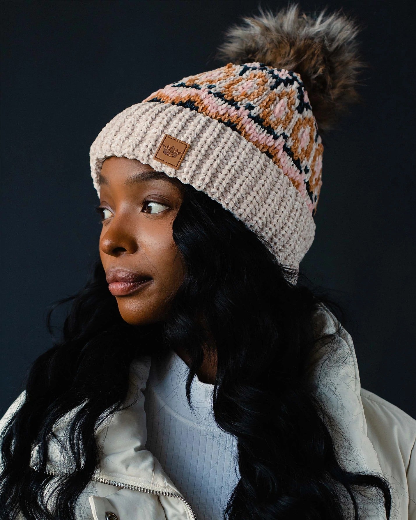 Multicolored Patterned Chenille Pom Hat