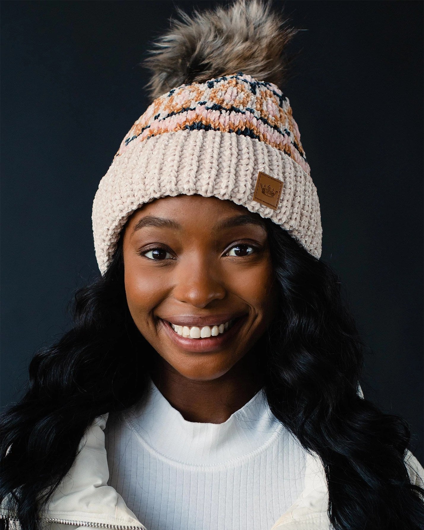 Multicolored Patterned Chenille Pom Hat
