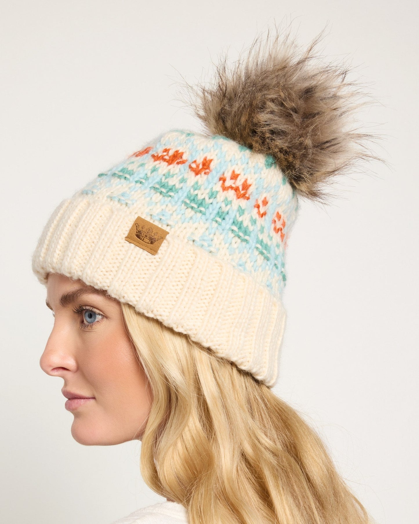 Ivory, Lt. Blue, Mint & Orange Patterned Pom Hat