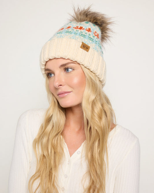Ivory, Lt. Blue, Mint & Orange Patterned Pom Hat