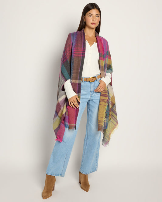 Lightweight Multicolor Plaid Pocket Ruana