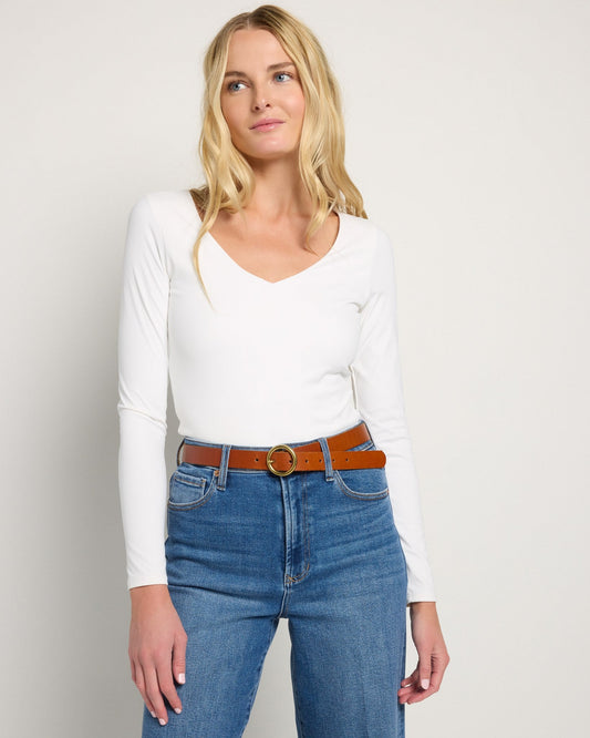Brass Toned Circle Buckle Leather Belt