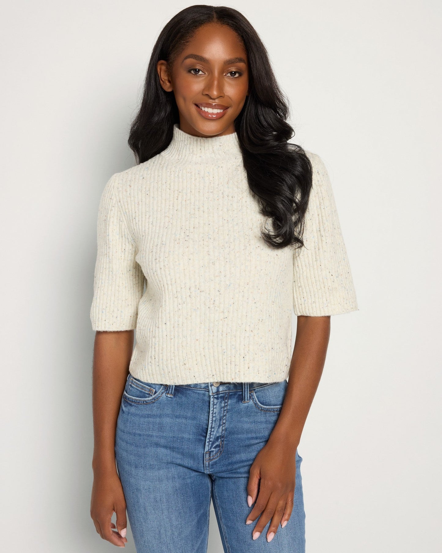 Speckled Short Sleeve Cable Sweater