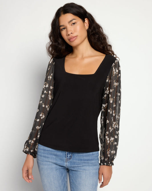 Square Neck Knit Top with Chiffon Sleeve