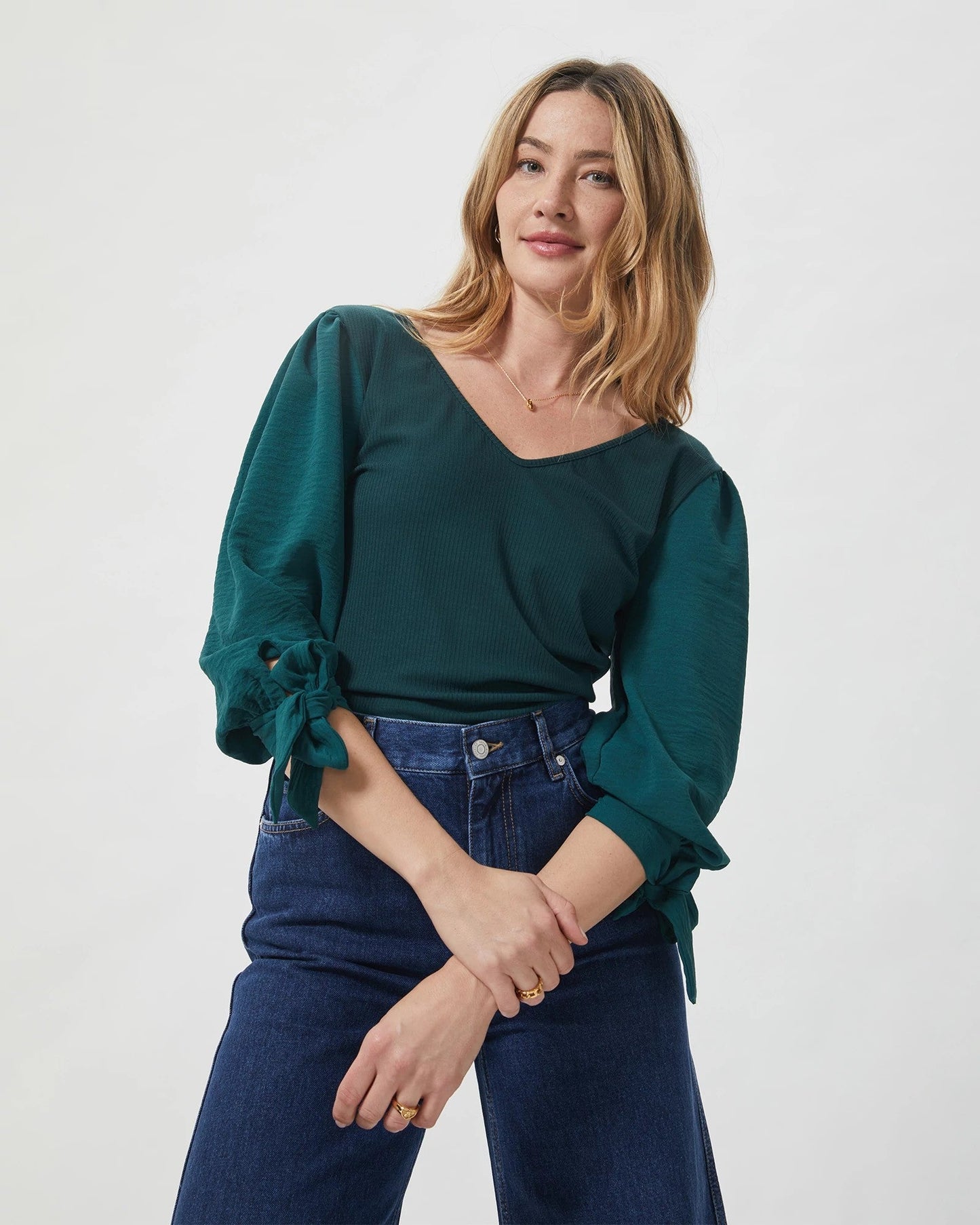 Knit Top with Woven Sleeve