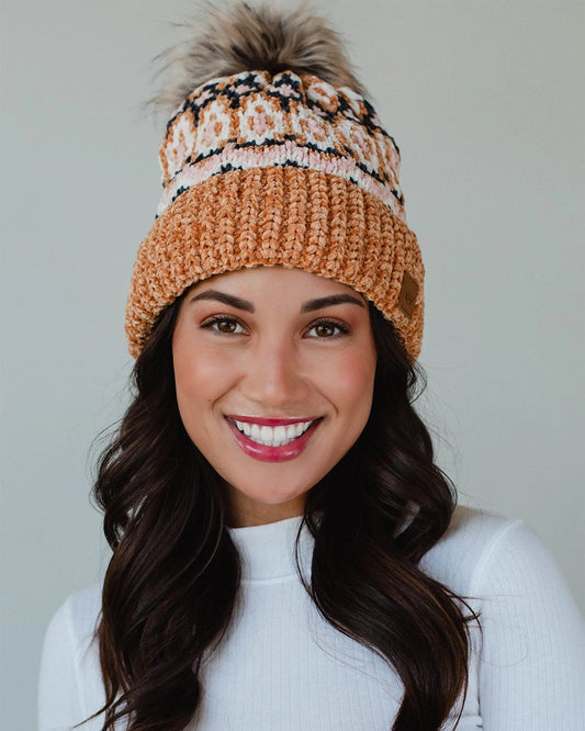 Multicolored Patterned Chenille Pom Hat