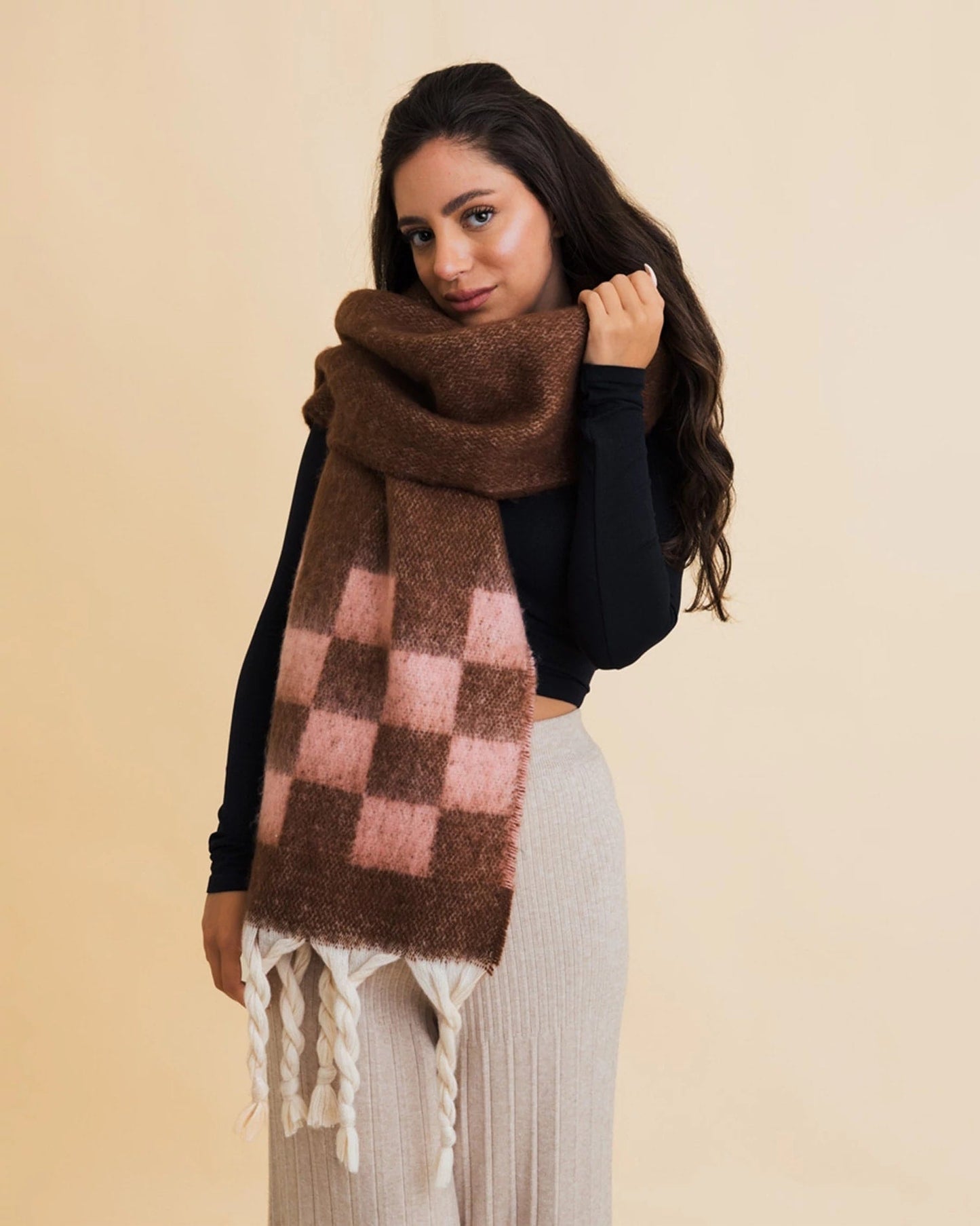 Cozy Chunky Plaid Fringe Scarf