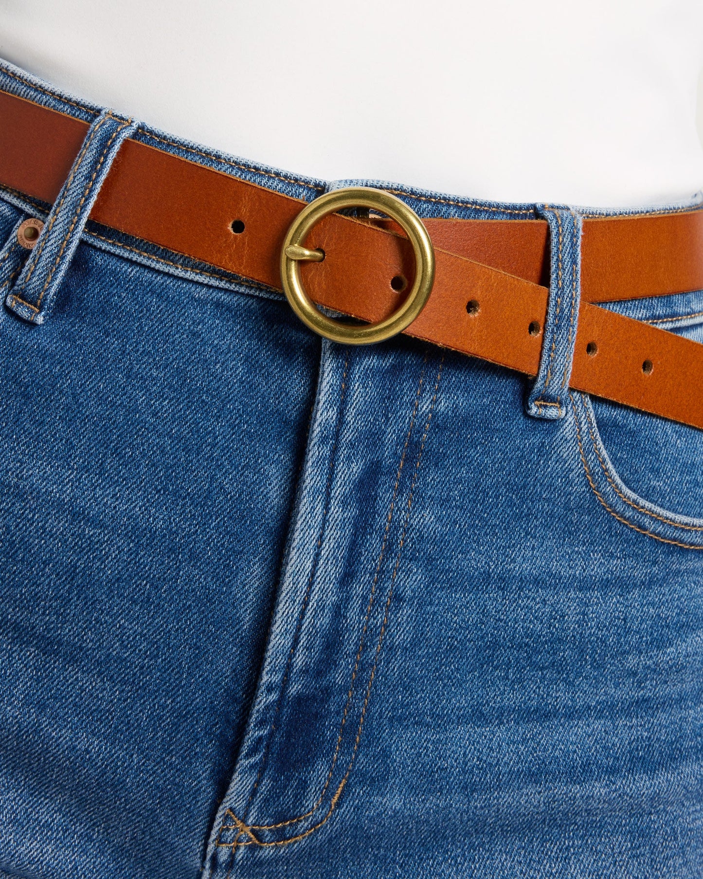 Brass Toned Circle Buckle Leather Belt